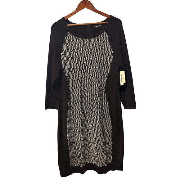 Jessica Dresses & Skirts - Jessica Black White Geometric Knit Sheath Dress 3/4 Sleeve Size L 16 NEW